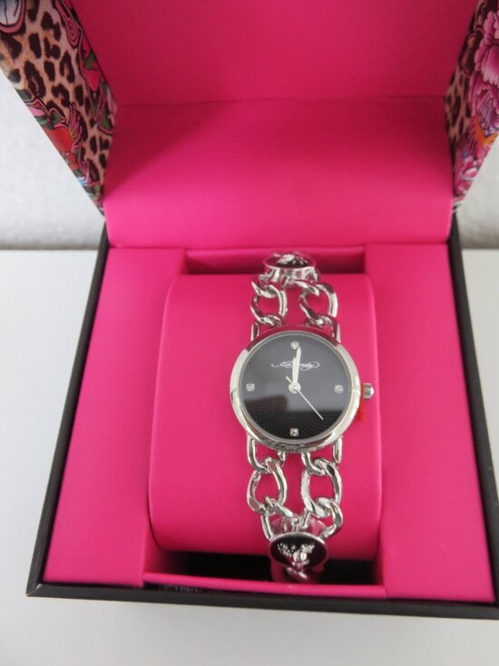 (#140) Ed Hardy Women’s Silver Watch Chain Link Band With Skull Wings Black Dial main image 4